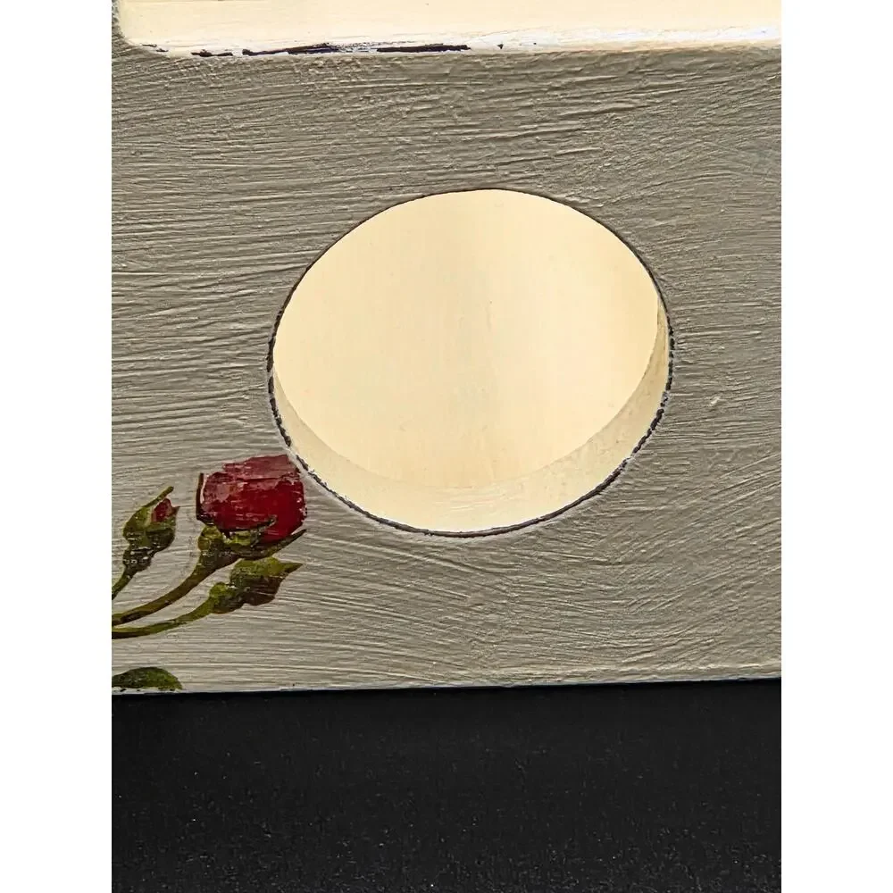 Cream Floral Wooden Desk Organizer – 3 Metal Cups & Front Storage Slot